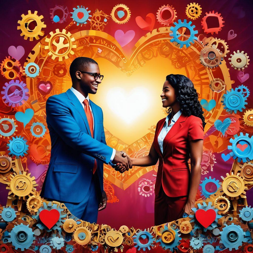 A vibrant scene showcasing two diverse business partners shaking hands, surrounded by hearts and commerce-related symbols like dollar signs and gears, symbolizing the fusion of love and business. The background features a bustling marketplace with warm colors, creating an inviting atmosphere. Focus on the warmth of connection and collaboration. super-realistic. vibrant colors.