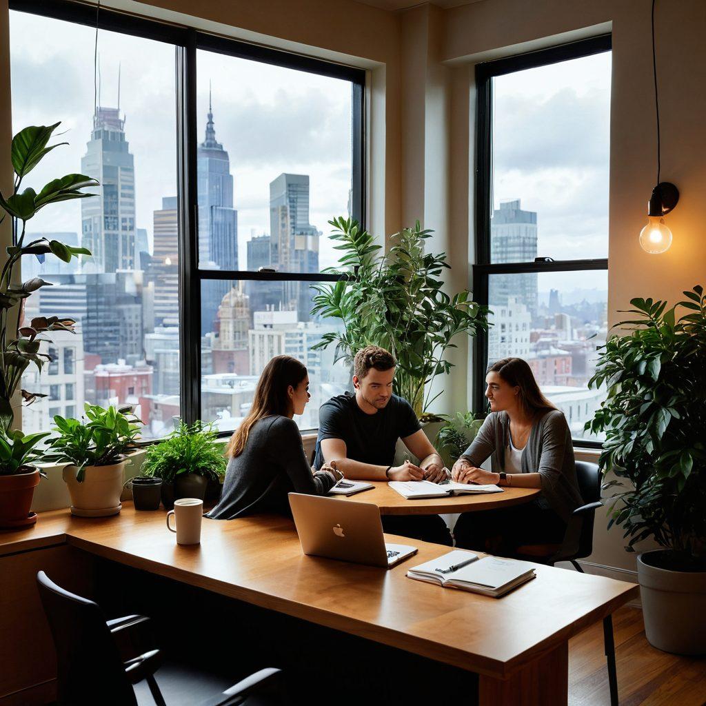 A warm and inviting workspace featuring two entrepreneurs engaged in a deep conversation, surrounded by plants and soft lighting. Showcase open notebooks, coffee cups, and a laptop, symbolizing collaboration and connection. The background should hint at a diverse city skyline through a window, representing growth and opportunities. The scene should evoke a sense of trust and intimacy in a business environment. super-realistic. warm tones. cozy atmosphere.