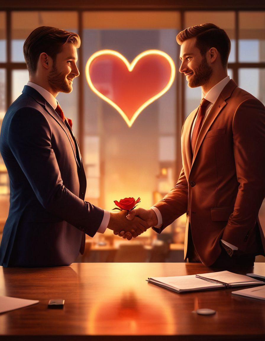 A captivating scene depicting two business professionals shaking hands with a warm glow surrounding them, symbolizing strong bonds in a bustling office environment. Heart shapes subtly interwoven in the background with elements of romance, such as a rose and pen, indicating affection in business. The ambiance should radiate positivity and connection. vibrant colors. super-realistic.